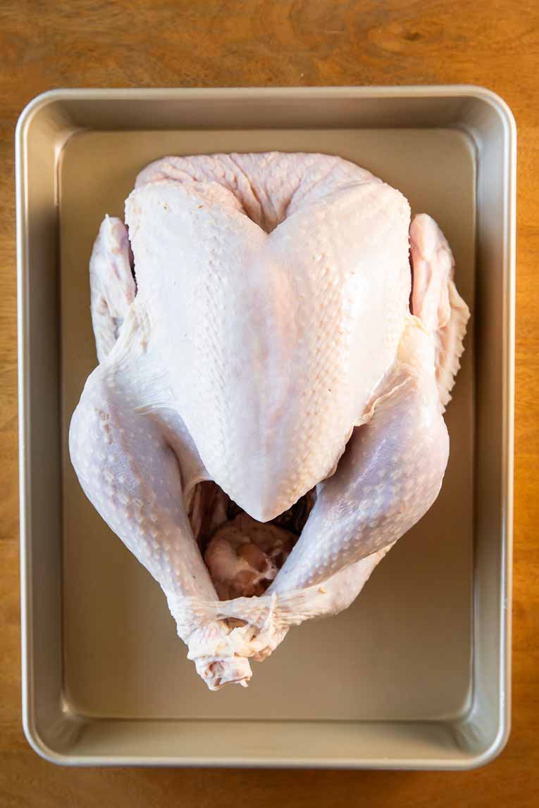 Large whole turkey in a roasting pan.