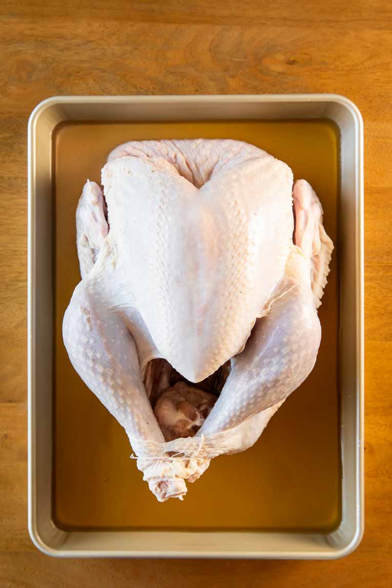 Turkey in a roasting pan with broth.
