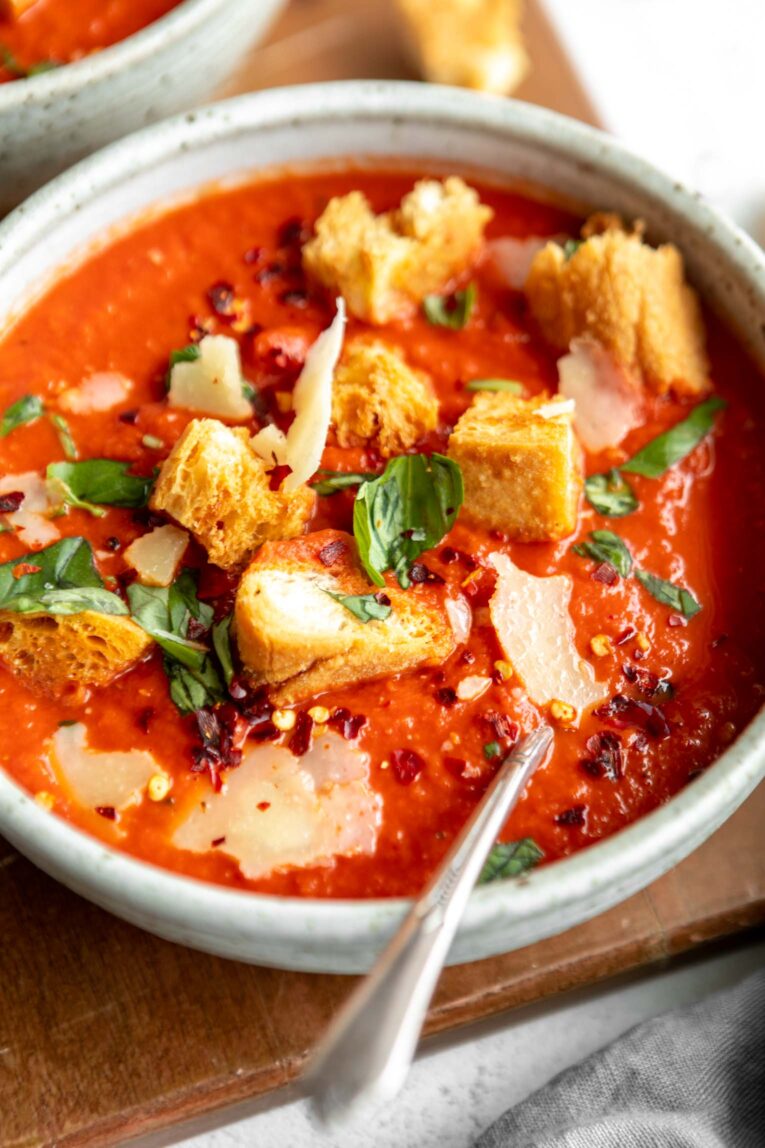 Angled photo of homemade tomato soup recipe.