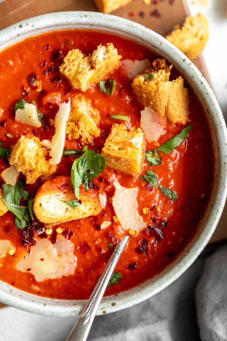 Top shot of homemade tomato soup recipe.