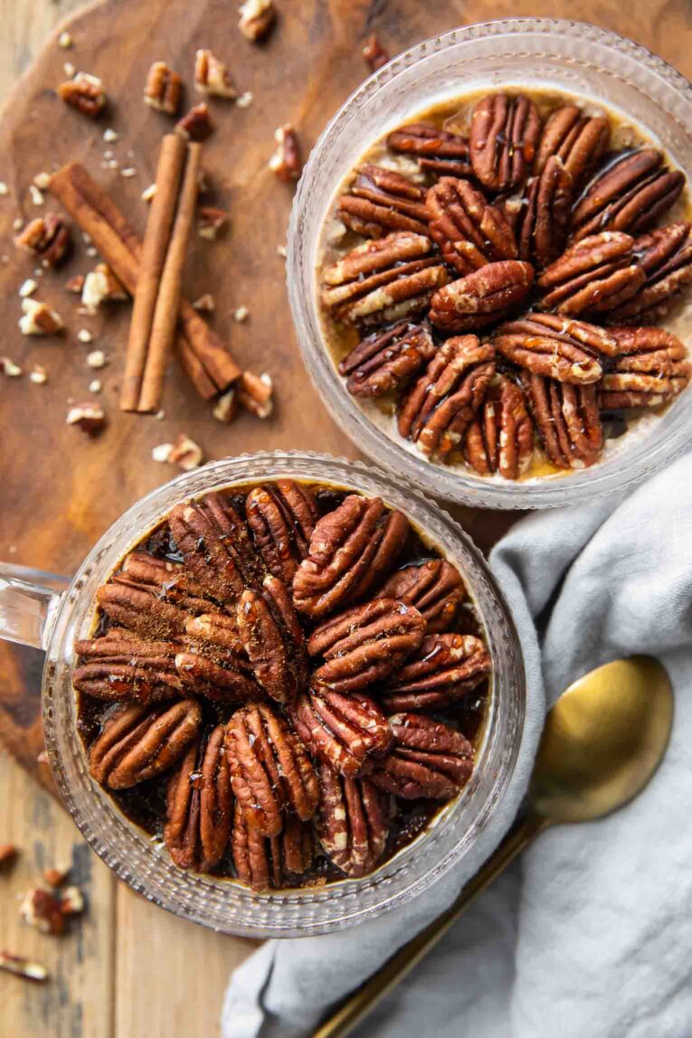 Top shot of Maple Cinnamon Pecan Overnight Oats in jars.