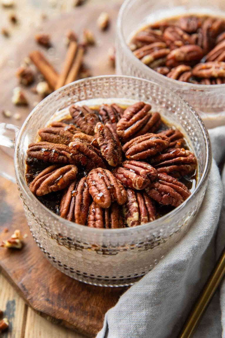 Angled photo of Maple Cinnamon Pecan Overnight Oats recipe.