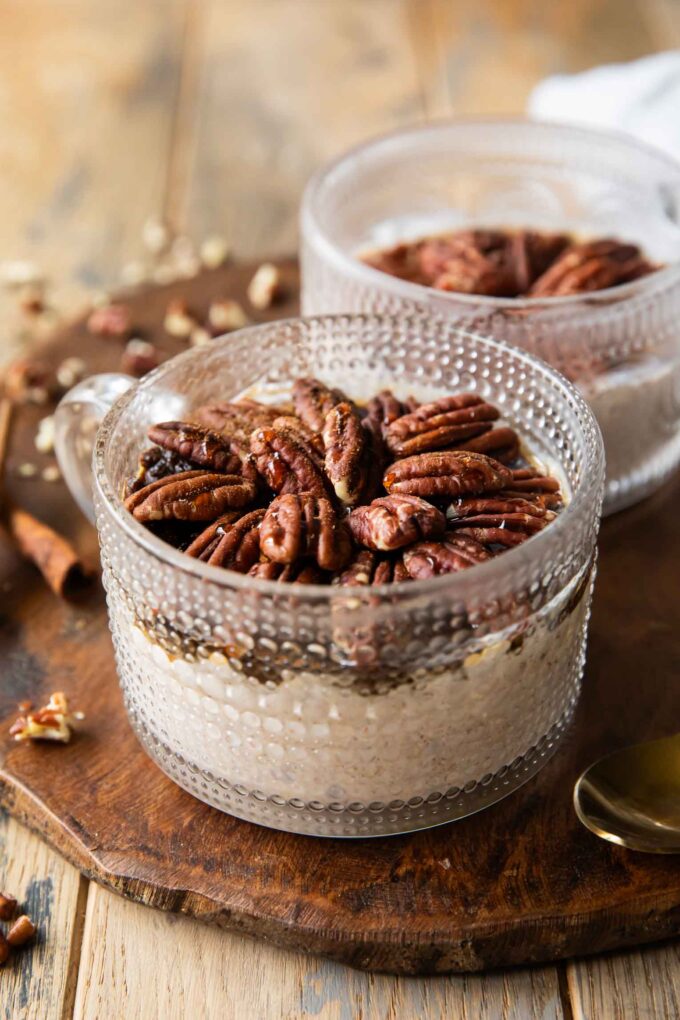 Across photo of pecan pie overnight oats.