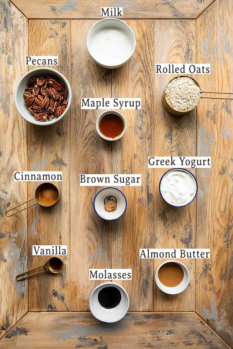 Ingredients for Maple Cinnamon Pecan Overnight Oats recipe.