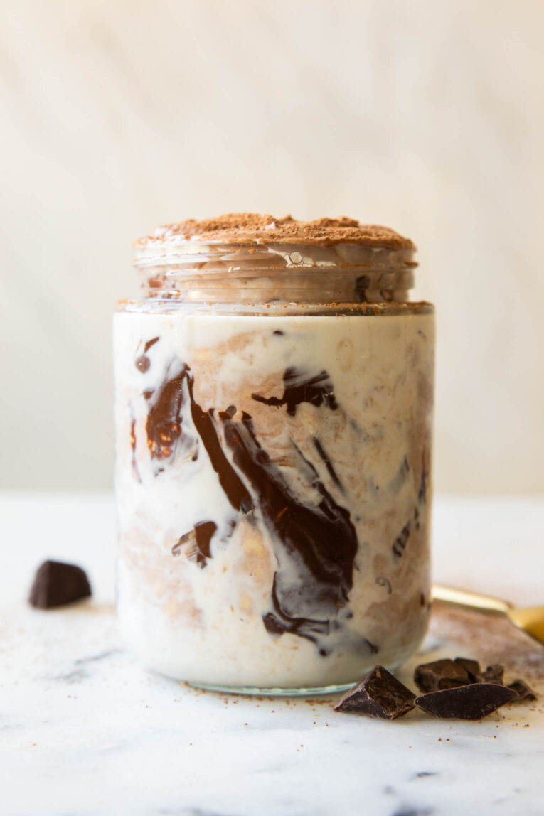 Across photo of Mocha Latte Overnight Oats in a jar.