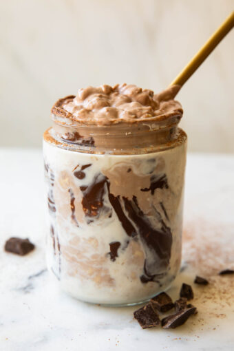 Mocha Overnight Oats with a spoon.