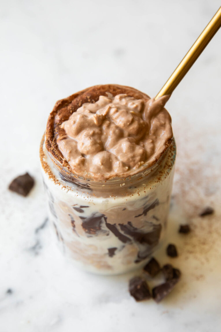 Angled photo of chocolate coffee overnight oats.