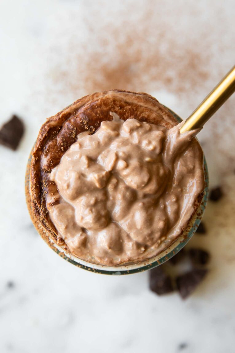 Top shot of chocolate coffee oatmeal.