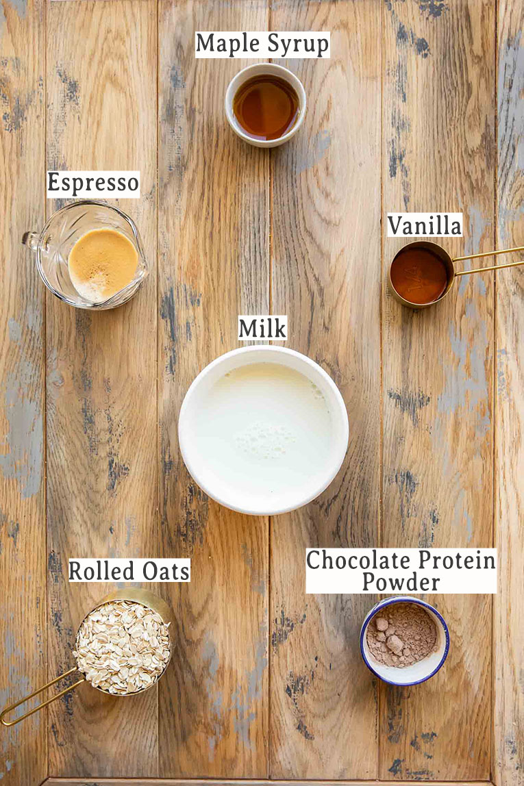 Ingredients for Mocha Latte Overnight Oats recipe.