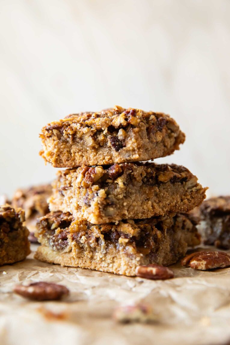 Stack of Pecan Pie Bars recipe.
