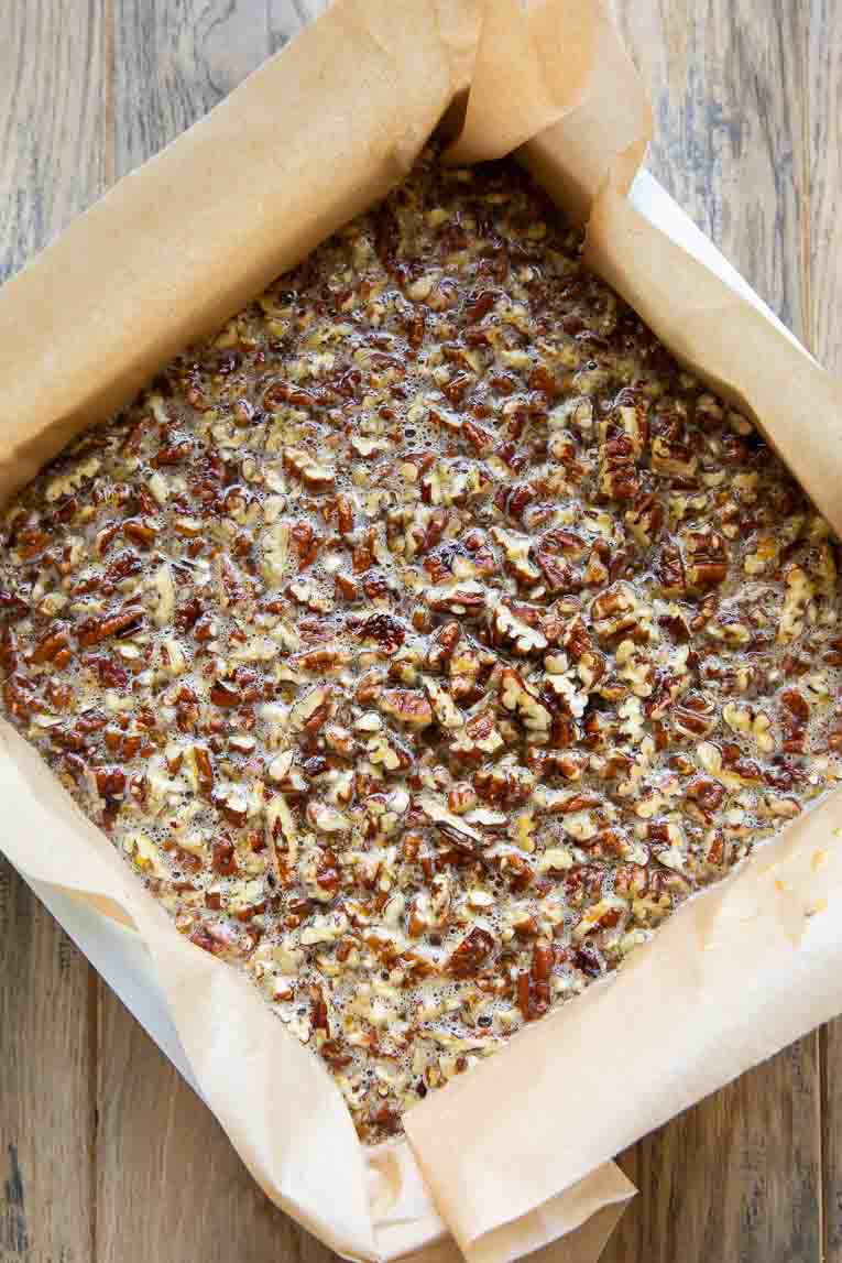 Pecan Pie Bar filling poured into a pan.