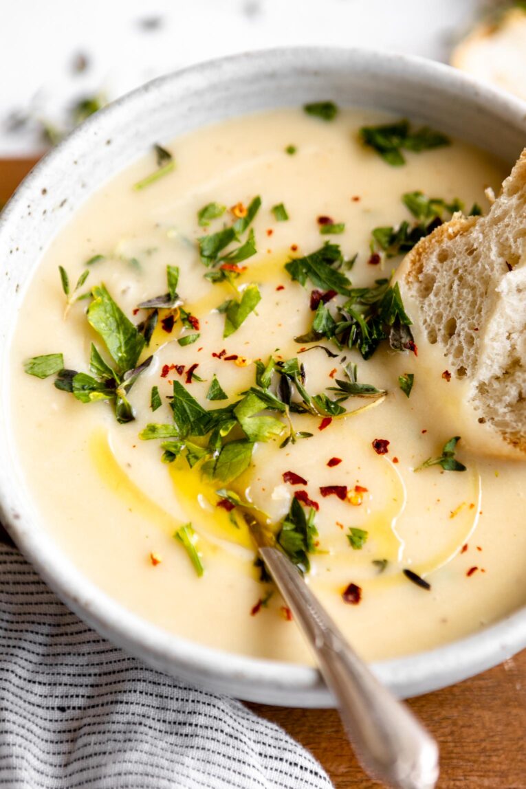 Angled photo of Potato Leek Soup recipe.