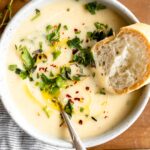 Top shot photo of Potato Leek Soup with garnish and bread.