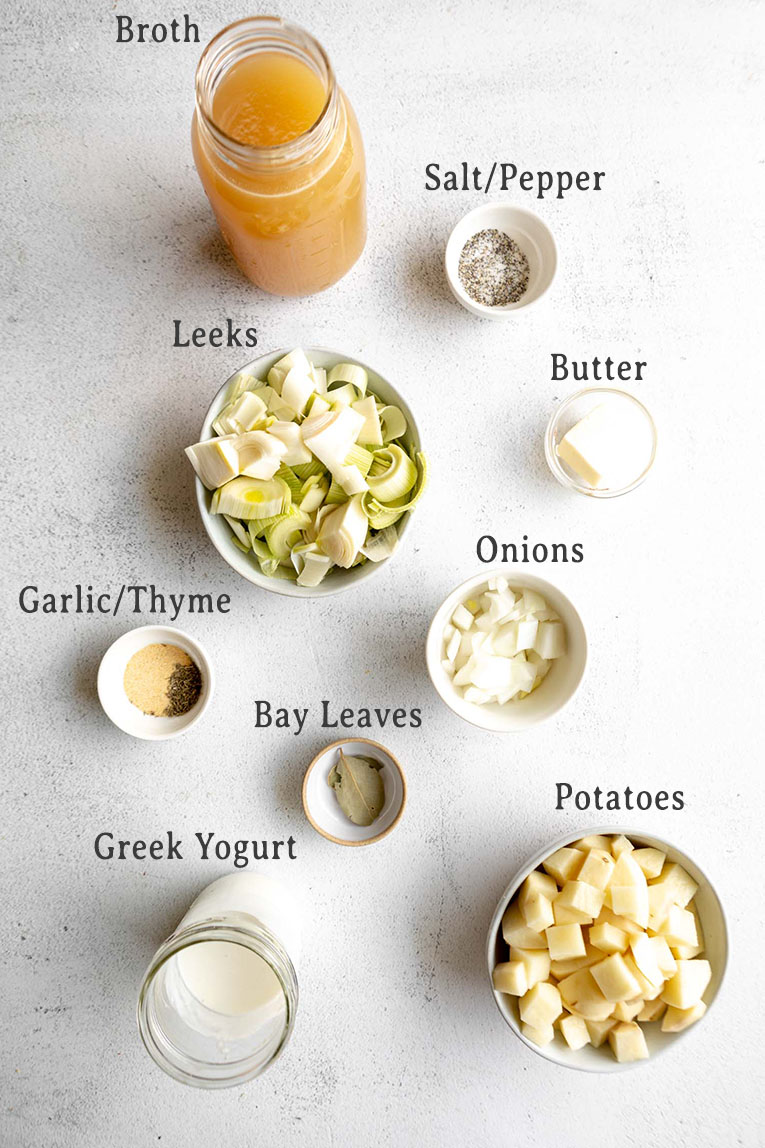 Ingredients for Homemade Potato Leek Soup recipe.