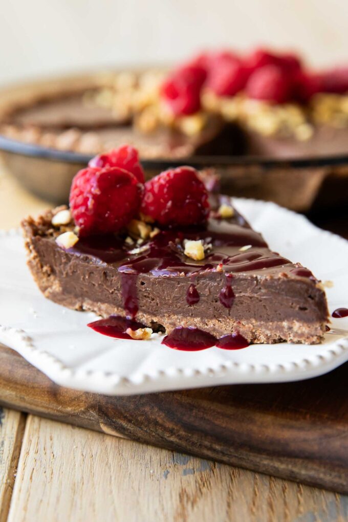 Across slice of Raspberry Chocolate Hazelnut Pie with topping.