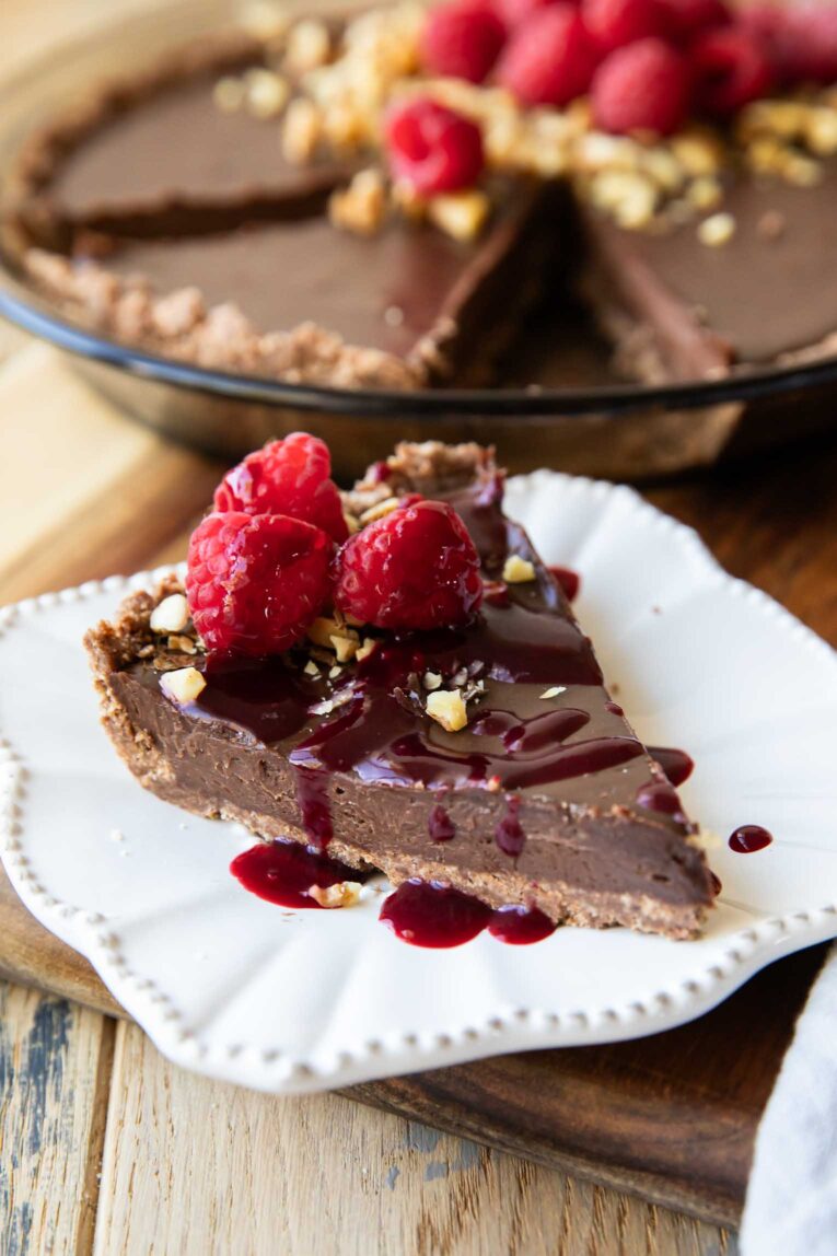 Angled photo of no-bake chocolate pie recipe.