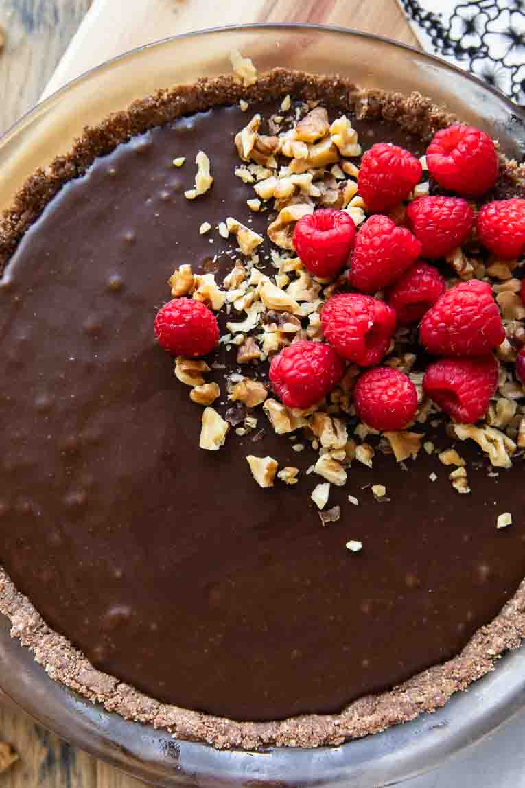 Raspberry Chocolate Hazelnut Pie in a pie dish.