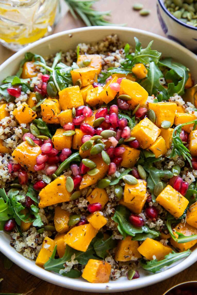 Angled photo of Roasted Butternut Squash Quinoa Salad recipe.