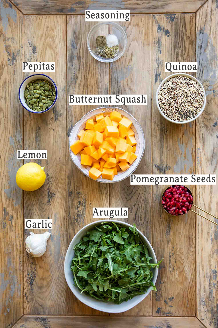 Ingredients for Roasted Butternut Squash Quinoa Salad recipe.