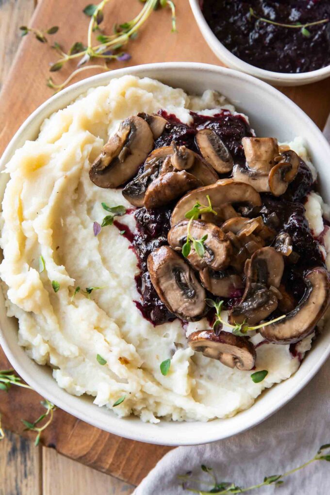 Top shot photo of Slow Cooker Mashed Potatoes in a bowl.
