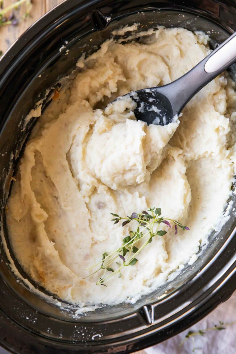Close up of Slow Cooker Mashed Potatoes in a crockpot.