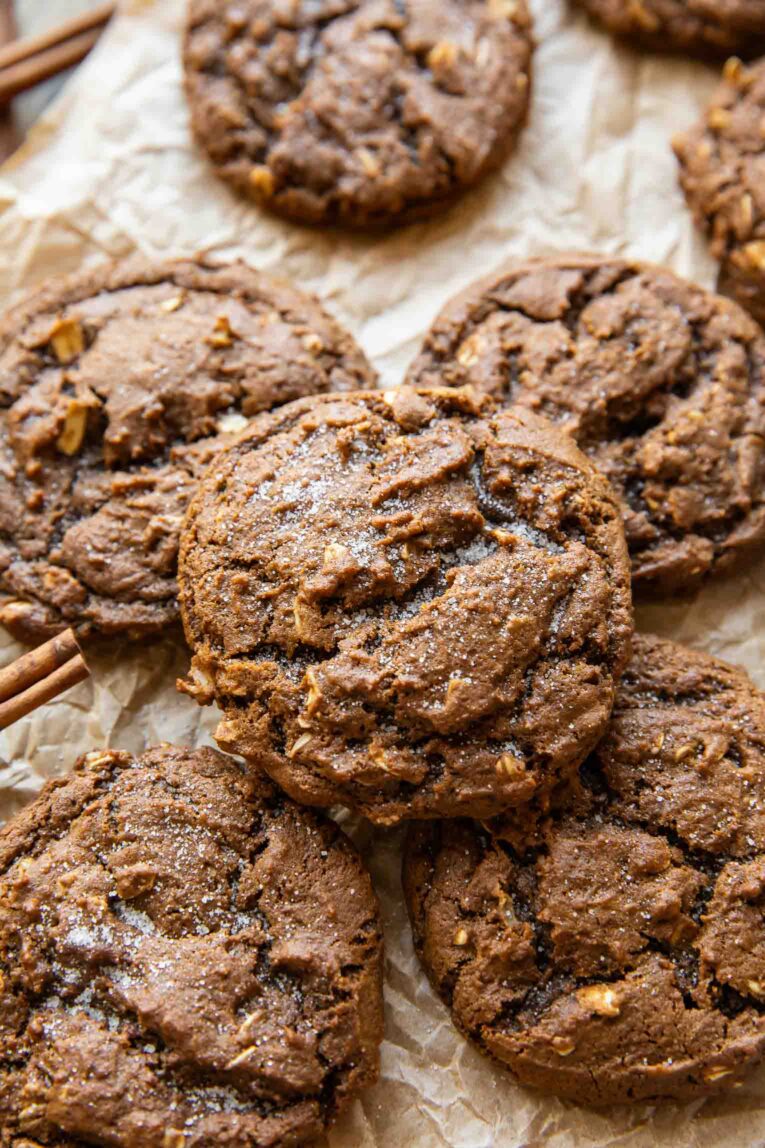 Angled photo of Spiced Oatmeal Molasses Cookies.