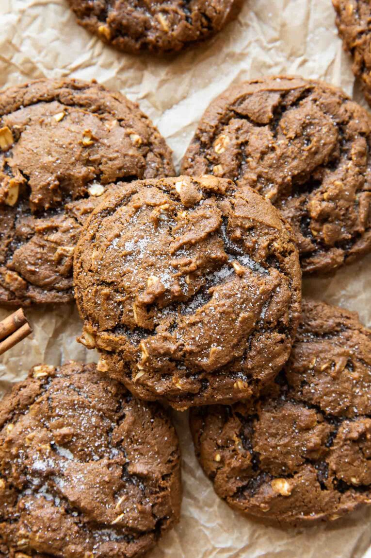 Close up of Spiced Oatmeal Molasses Cookies with sugar topping.