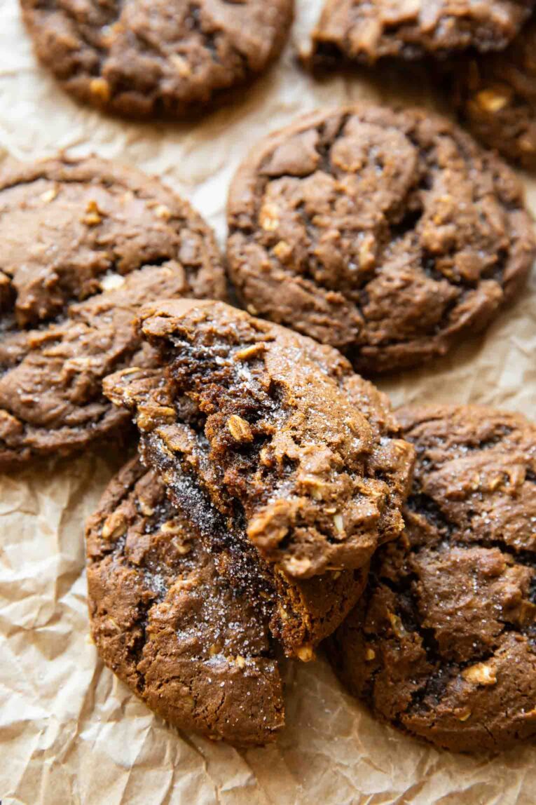 Molasses cookie recipe with a bite taken out.