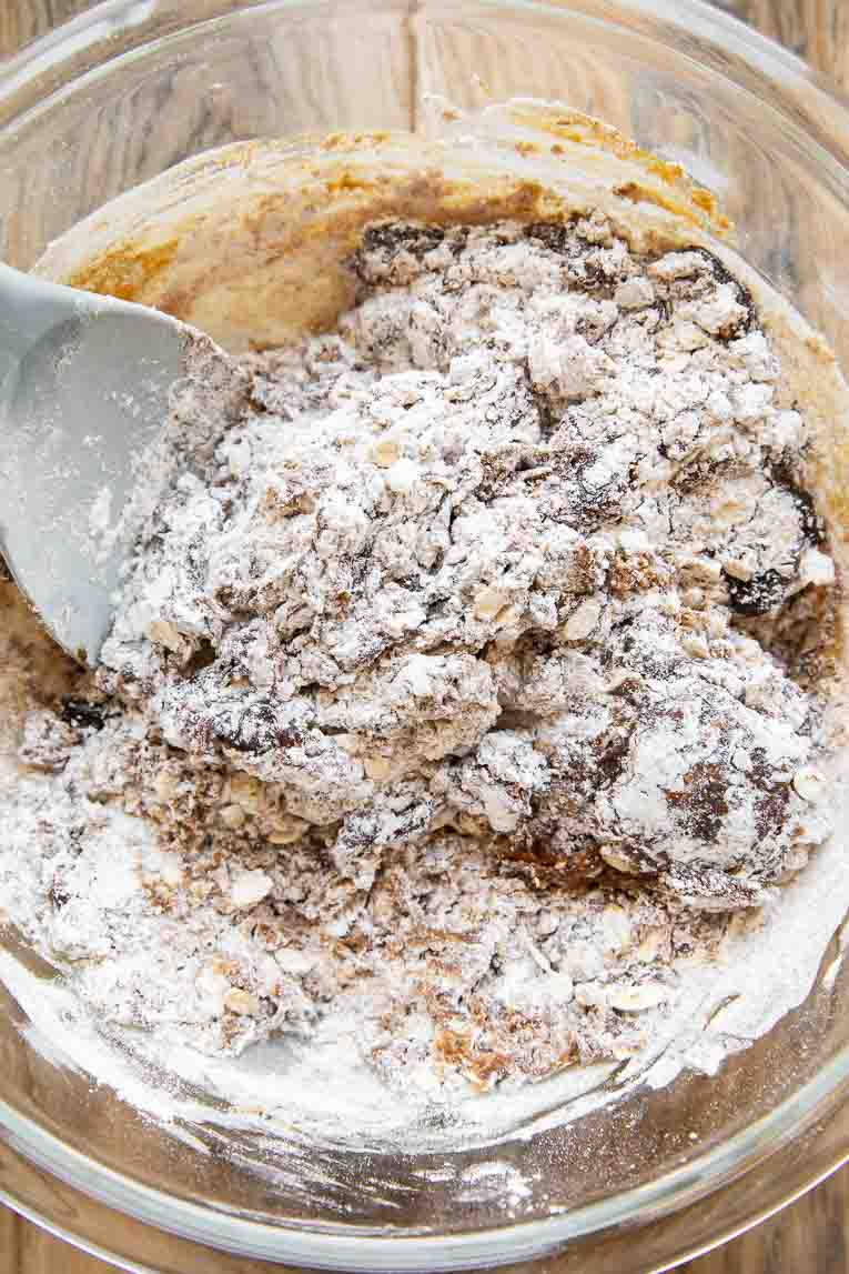 Dry ingredients with liquid ingredients for molasses cookies in a mixing bowl.