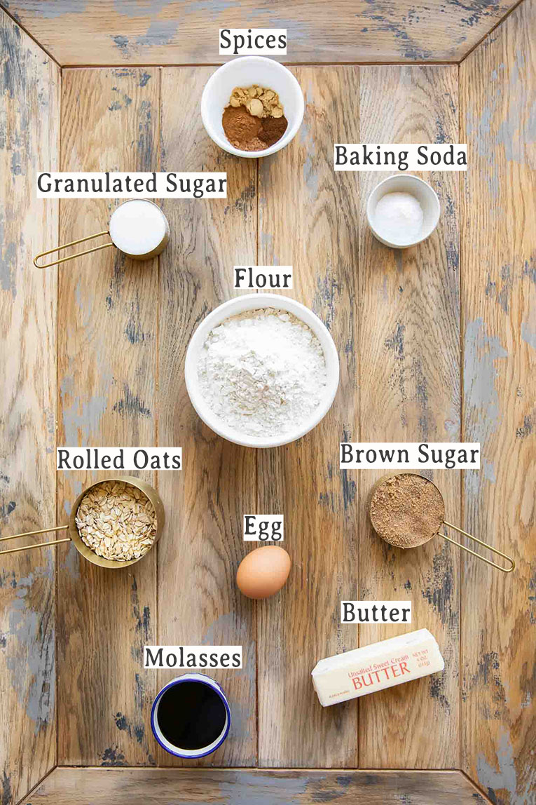 Ingredients for Spiced Oatmeal Molasses Cookies recipe.
