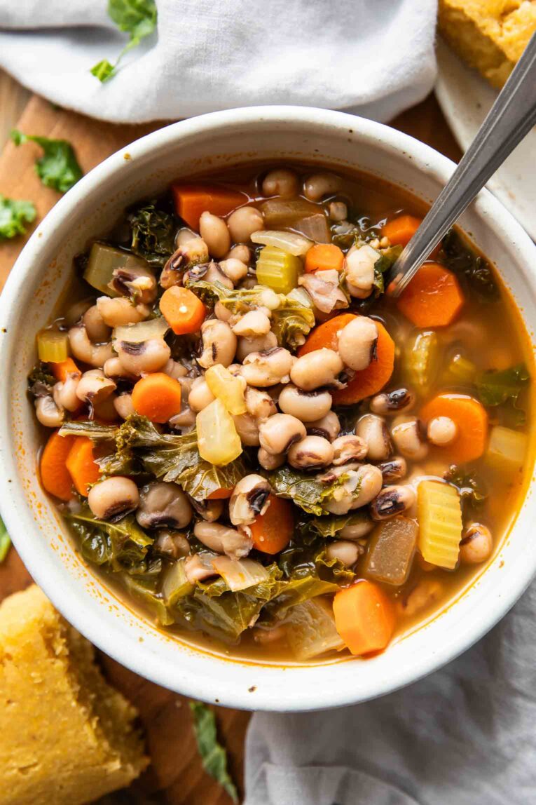 Top shot of Black Eyed Pea Soup recipe in a bowl.