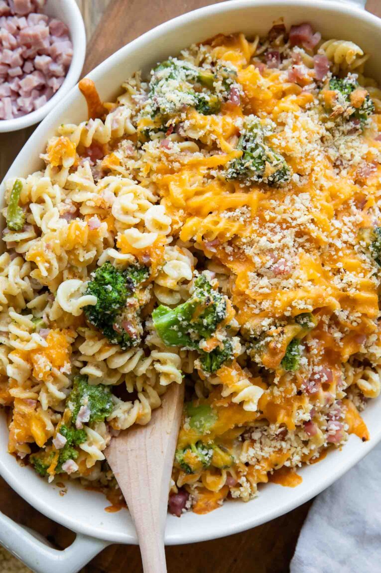 Close up of Broccoli Cheddar Ham Pasta Casserole recipe.