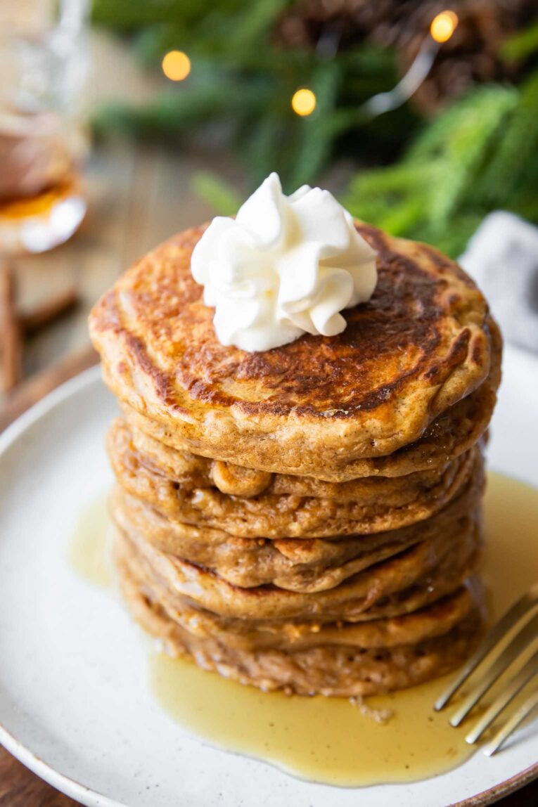 Angled close up of Gingerbread Protein Pancakes.