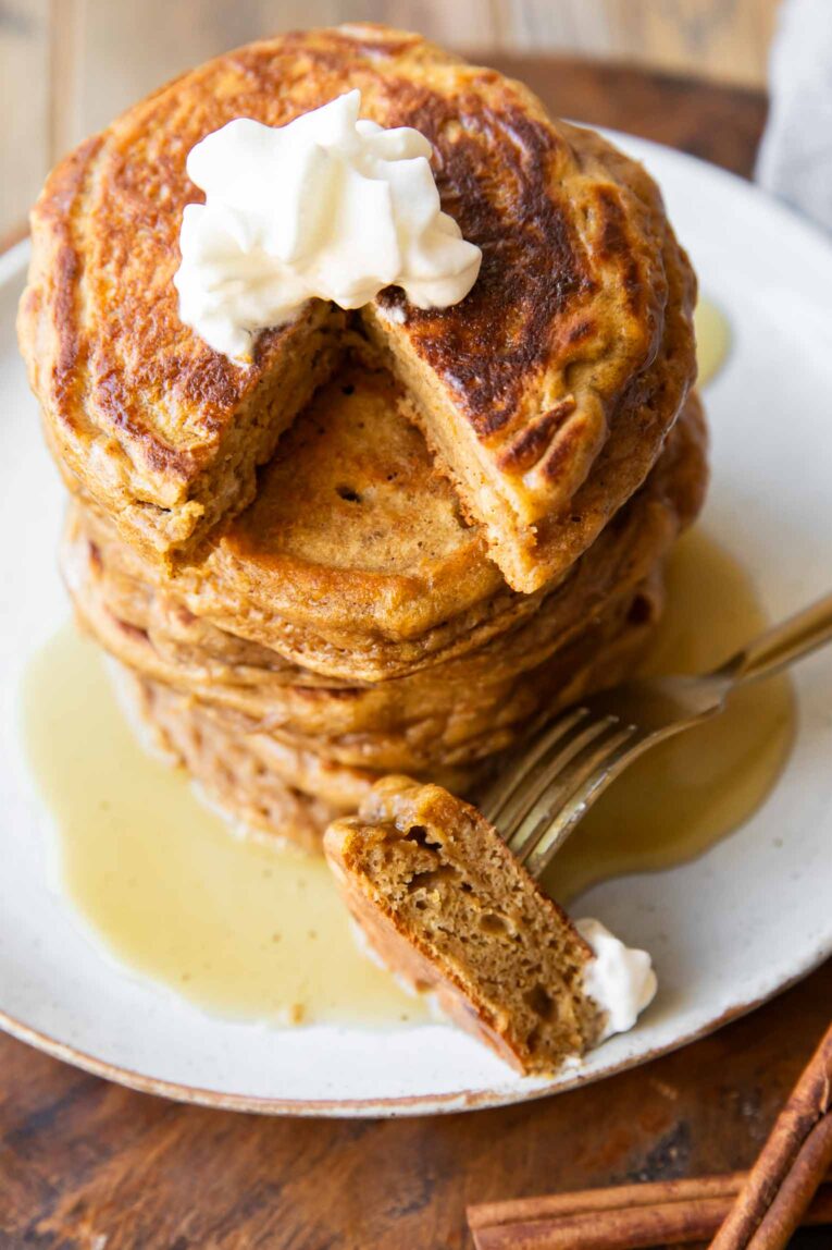 Holiday pancakes with a bite taken out.