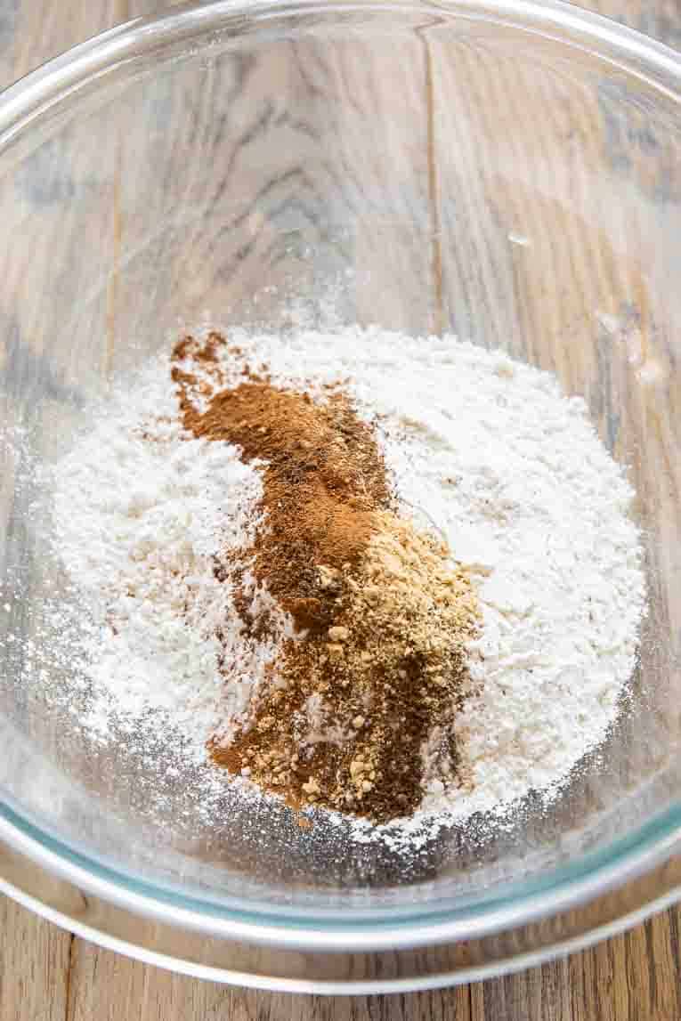 Dry ingredients for Gingerbread Pancakes recipe in a mixing bowl.