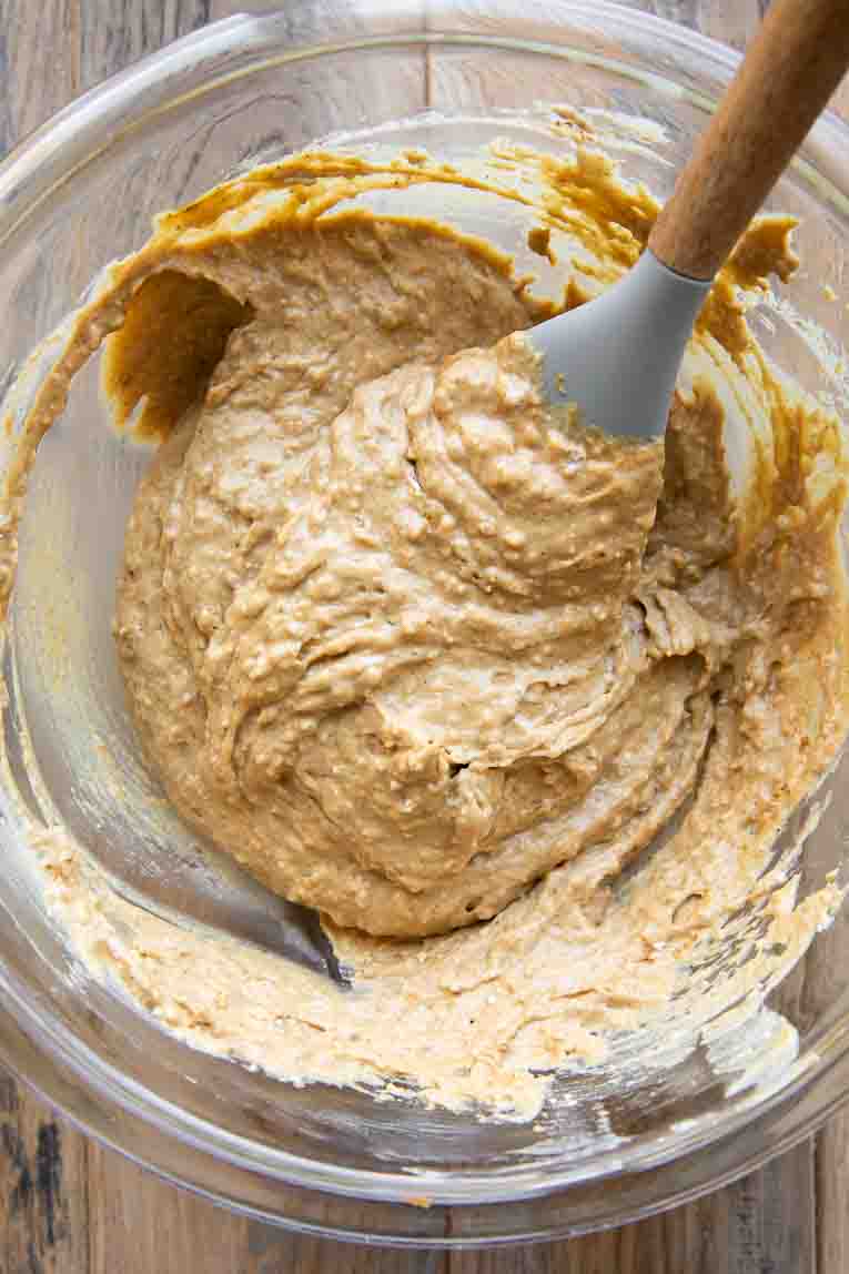 Batter for healthy Gingerbread Protein Pancakes recipe in a bowl.