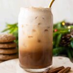 Close up of Iced Gingerbread Oatmilk Chai latte recipe.