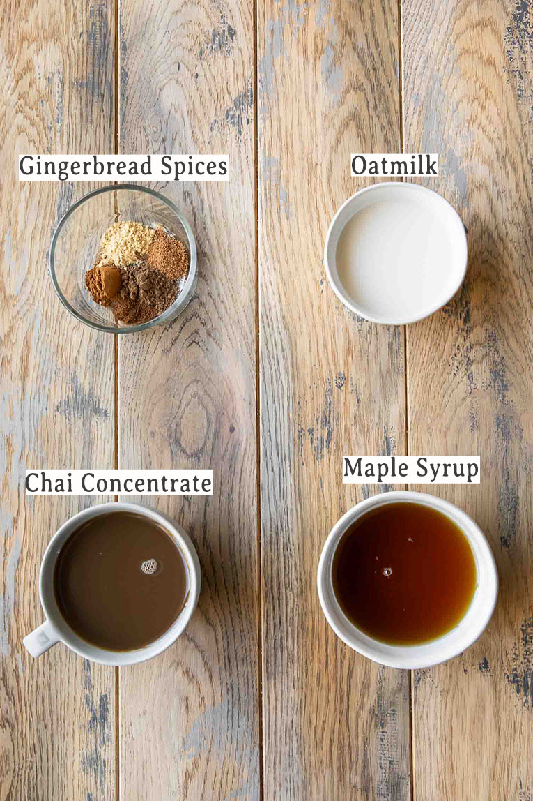 Ingredients for Iced Gingerbread Oat milk Chai recipe.