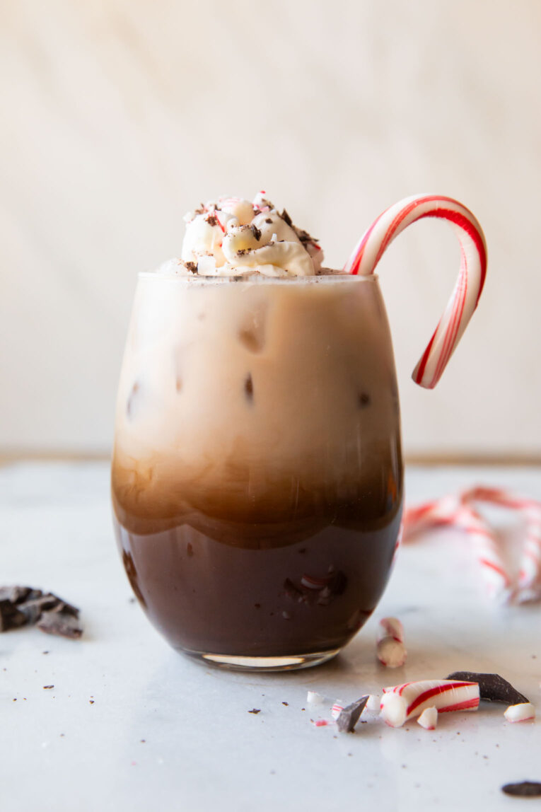 Across photo of an Iced Peppermint Mocha in a glass.