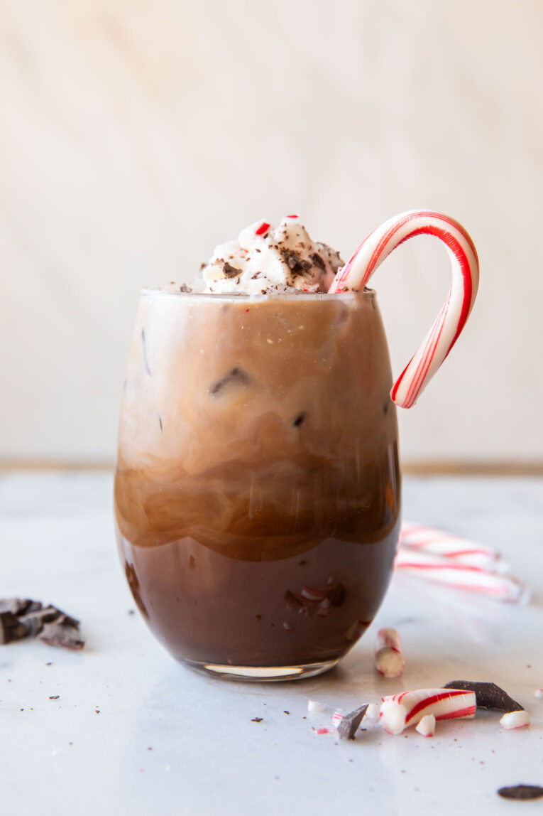 Across photo of Iced Peppermint Mocha with milk swirled in.