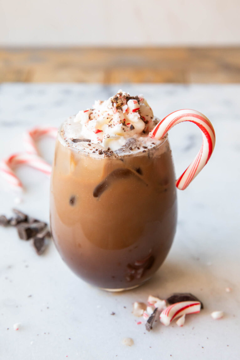 Angled photo of skinny Iced Peppermint Mocha recipe.