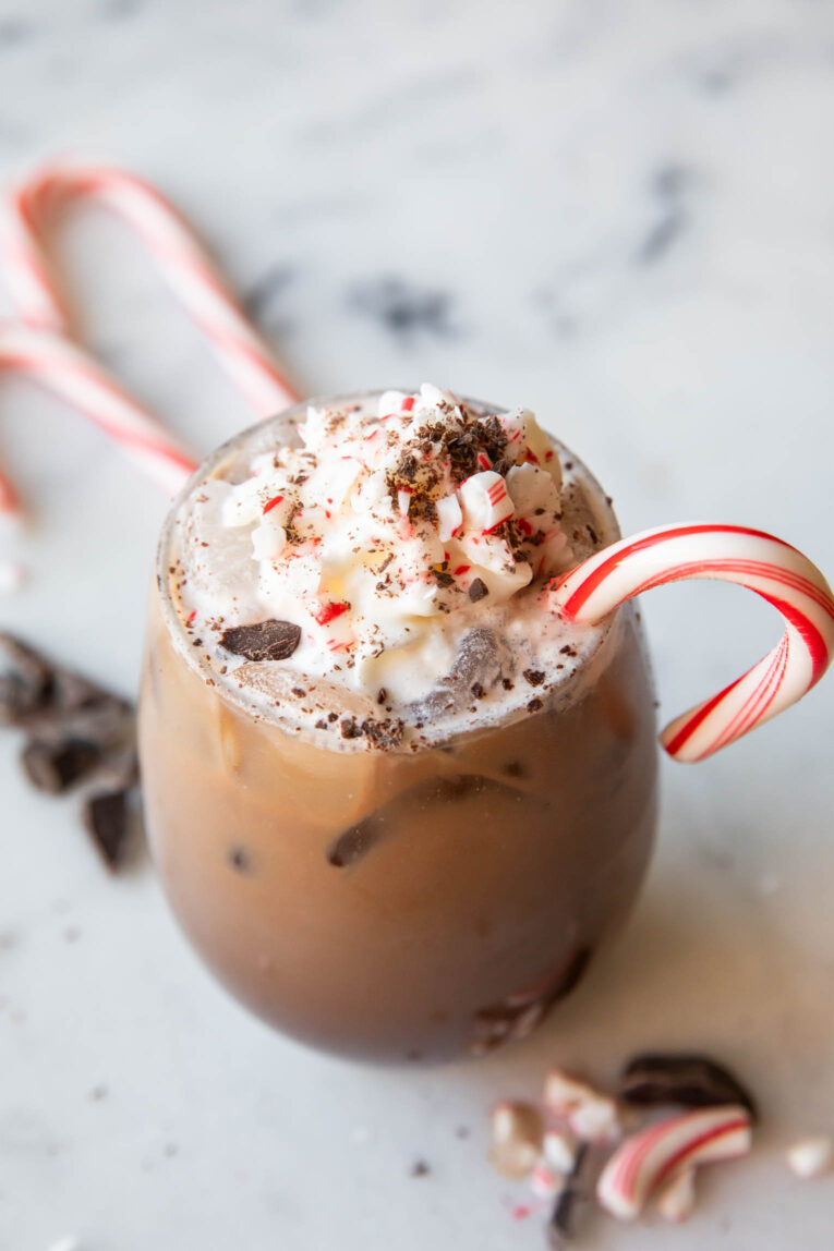 Angled close up of Iced Peppermint Mocha recipe.