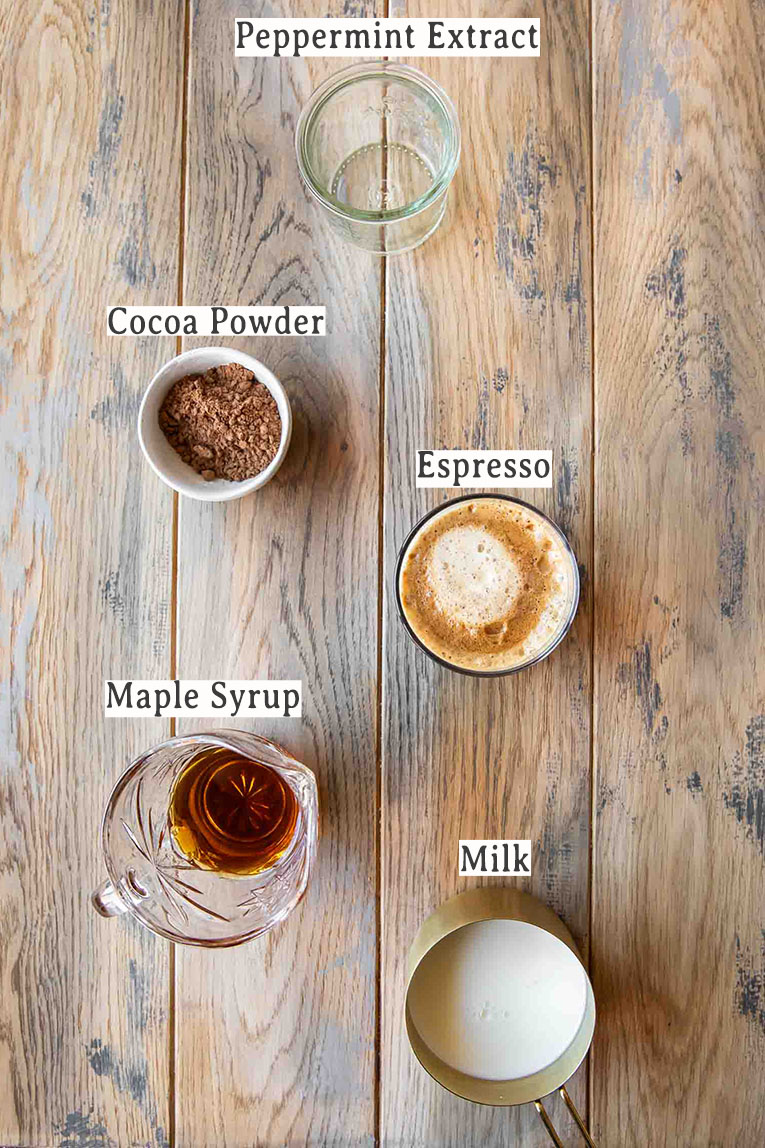 Ingredients for easy Iced Peppermint Mocha recipe.
