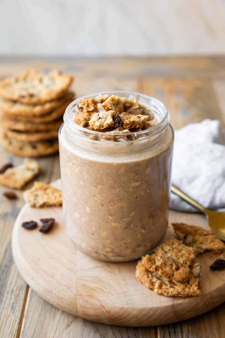 Angled photo of Oatmeal Cookie Overnight Oats recipe.