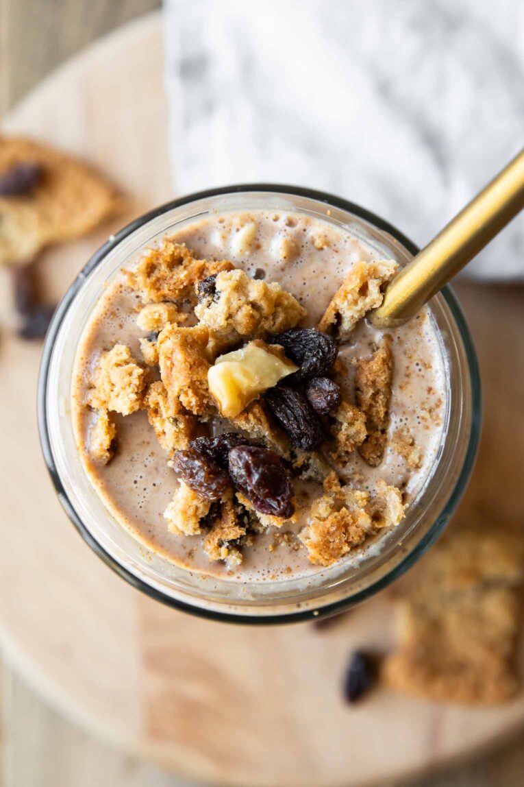 Top shot photo of Cookie overnight oats with toppings.