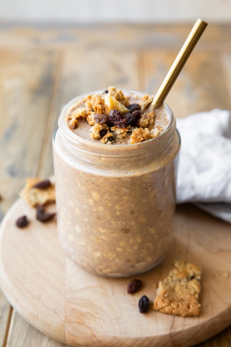 Angled photo Oatmeal Cookie Overnight Oats recipe in a jar.