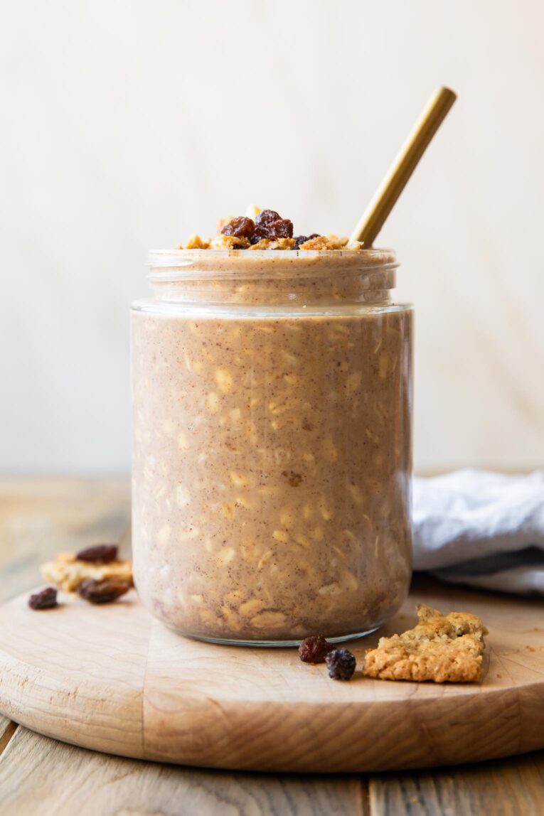 Across photo of cookie overnight oats in a jar with a spoon.