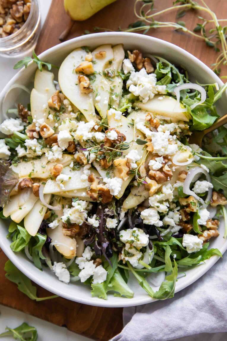Close up of beautiful Pear & Goat Cheese Salad.