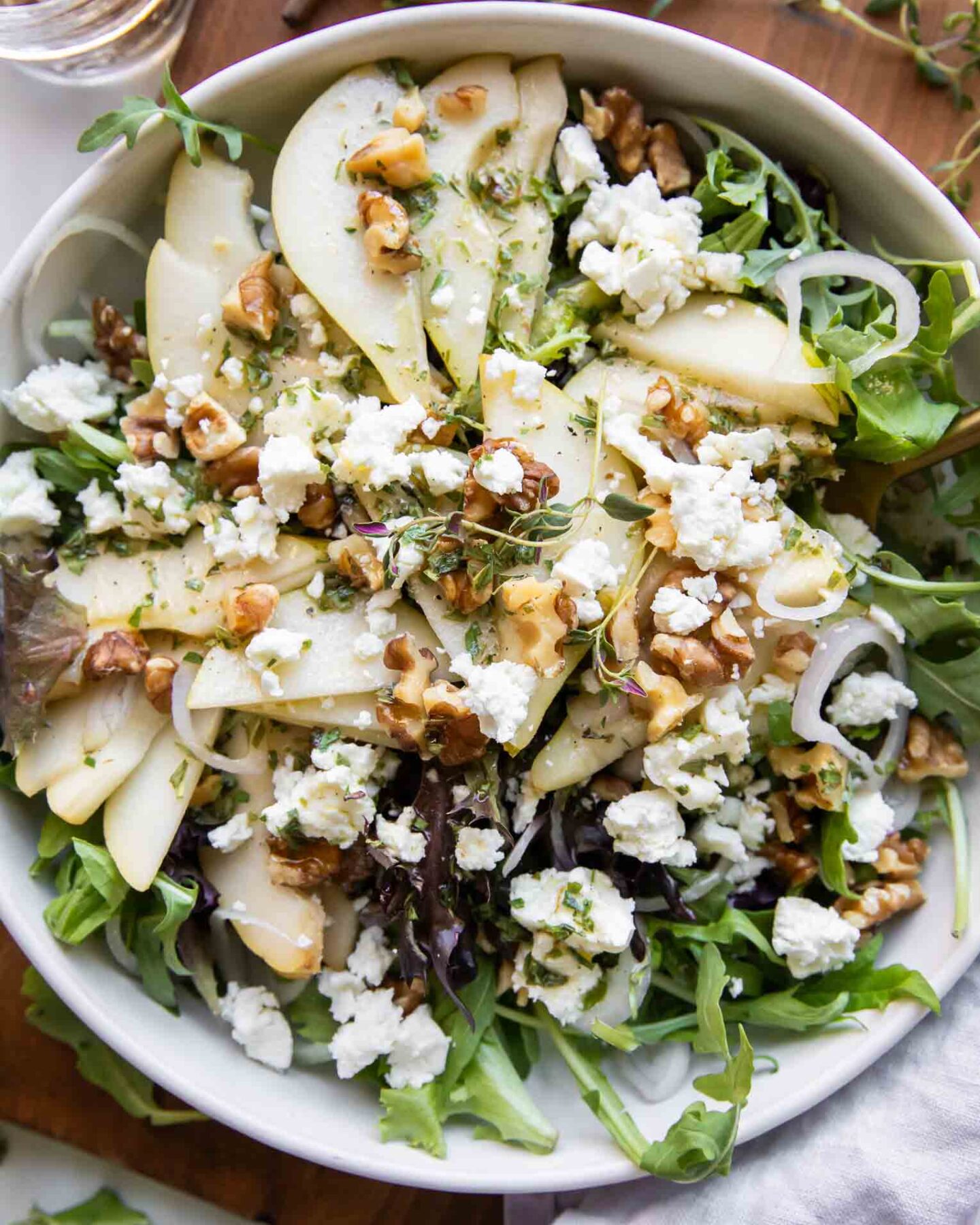 Pear & Goat Cheese Salad over mixed greens and arugula.