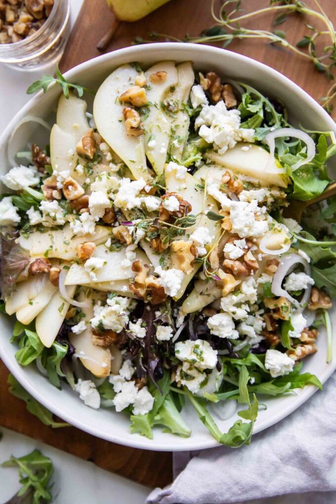 Pear & Goat Cheese Salad over mixed greens and arugula.